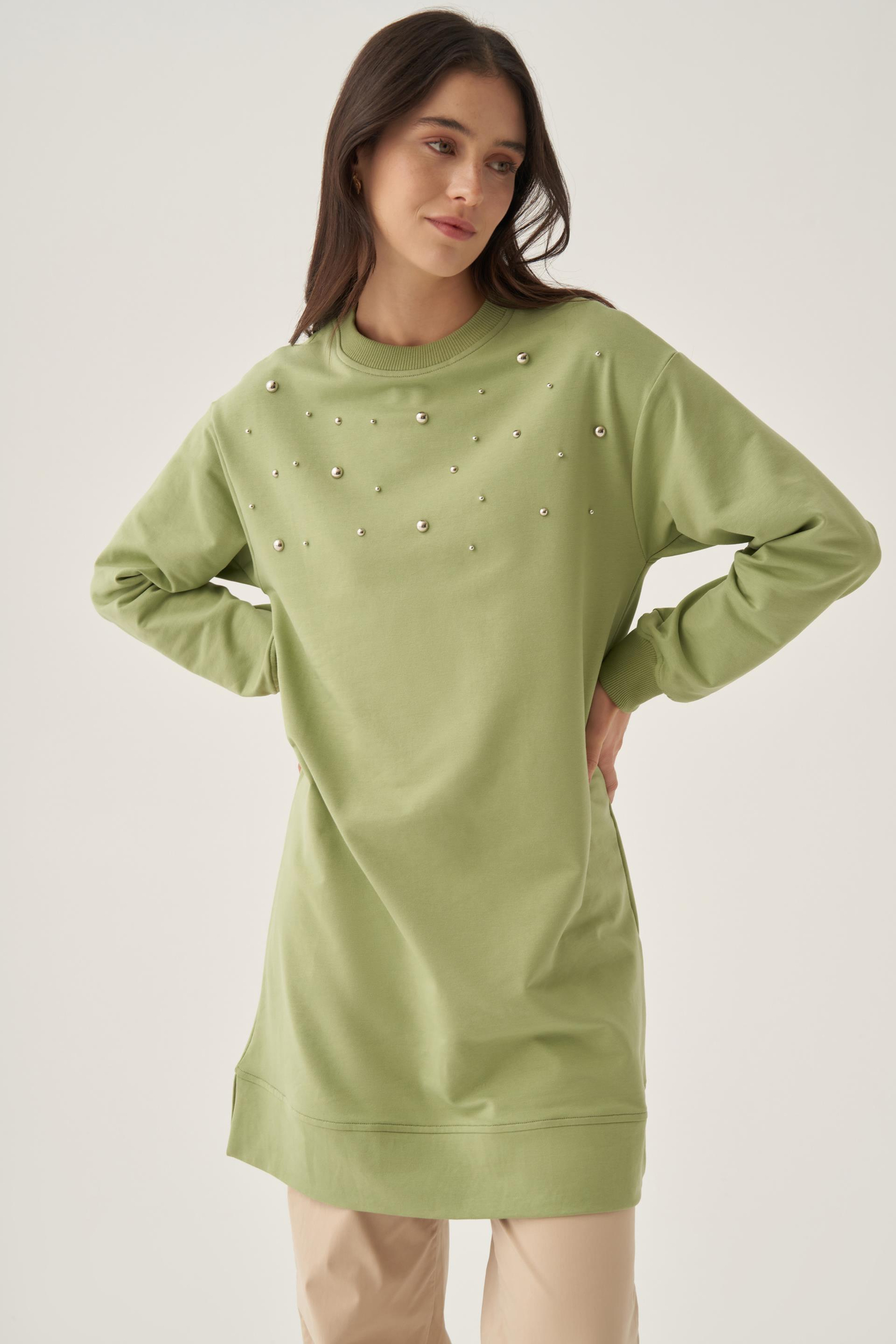 Açık Yeşil-Pamuklu Droplu Sweat