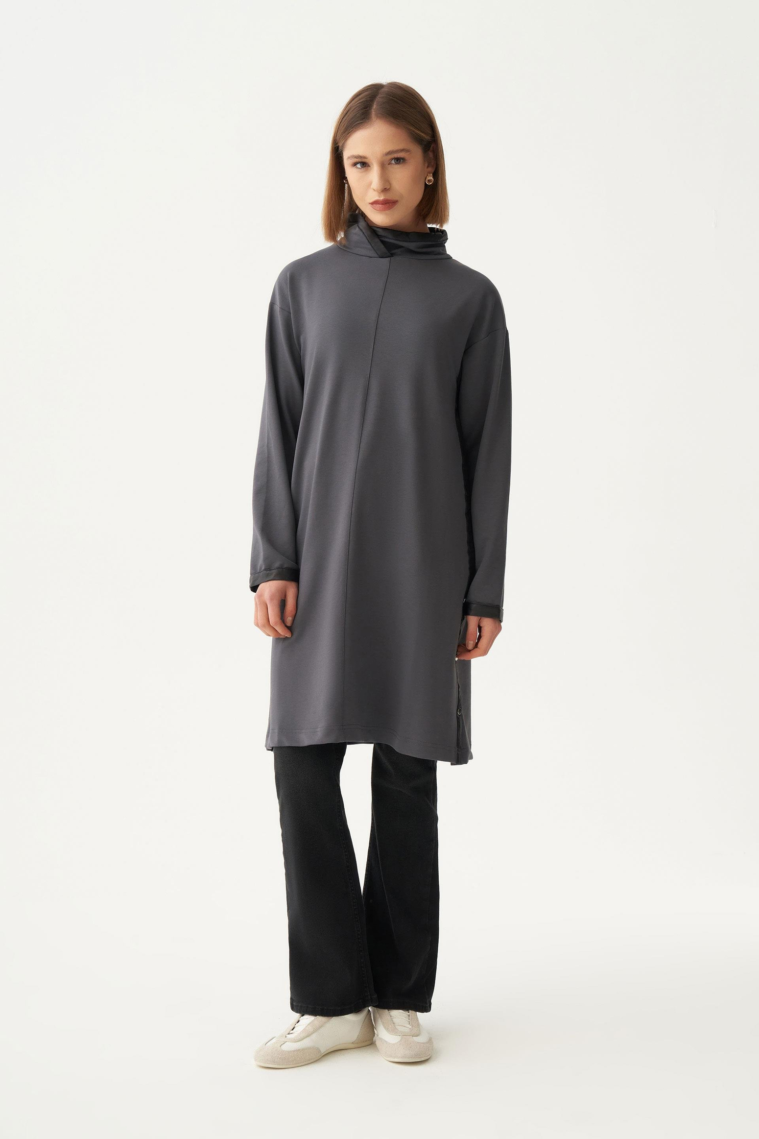 Antrasit-Deri Biyeli Pamuklu Uzun Tunik