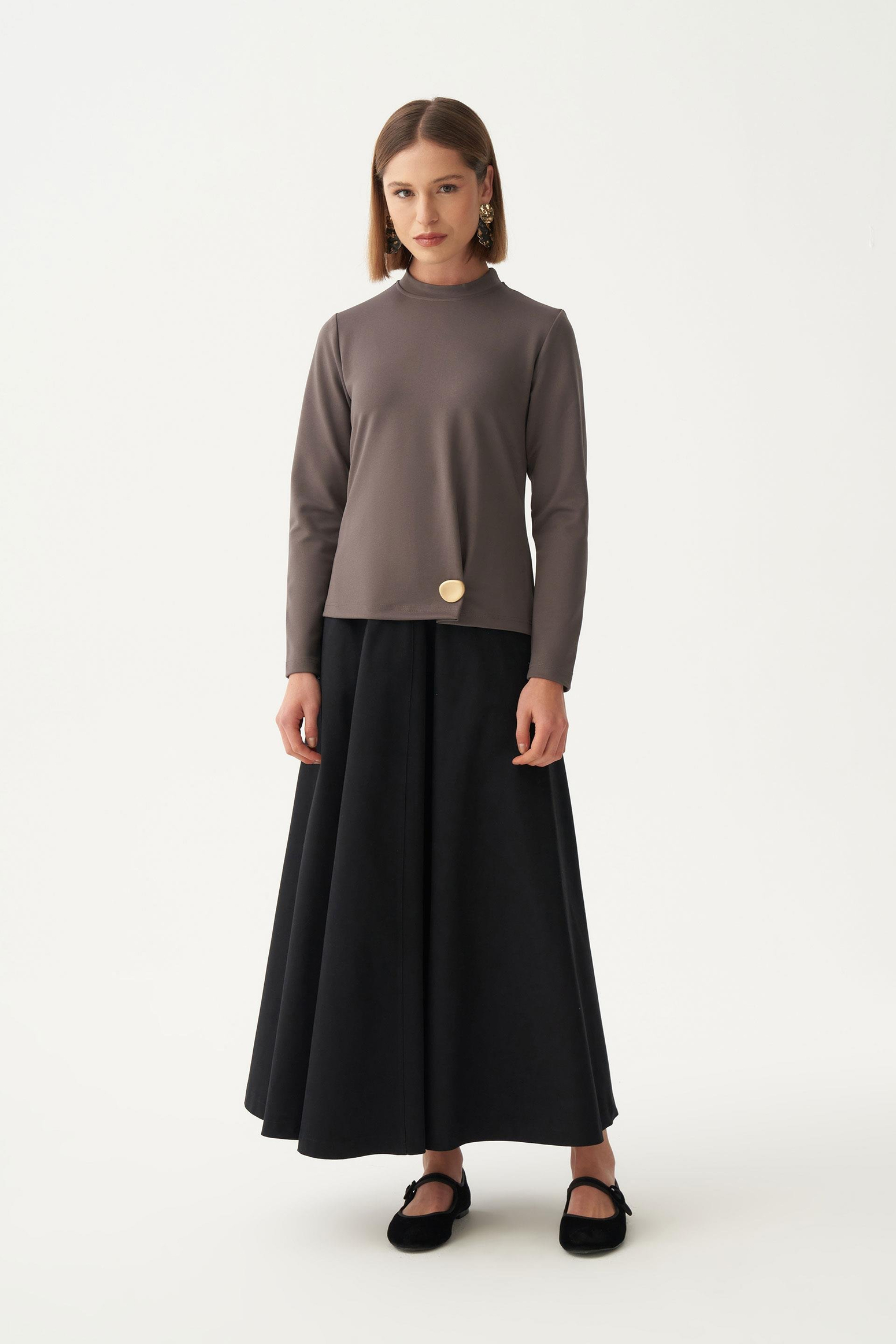 Antrasit-Gold Düğmeli Pileli Şık Bluz