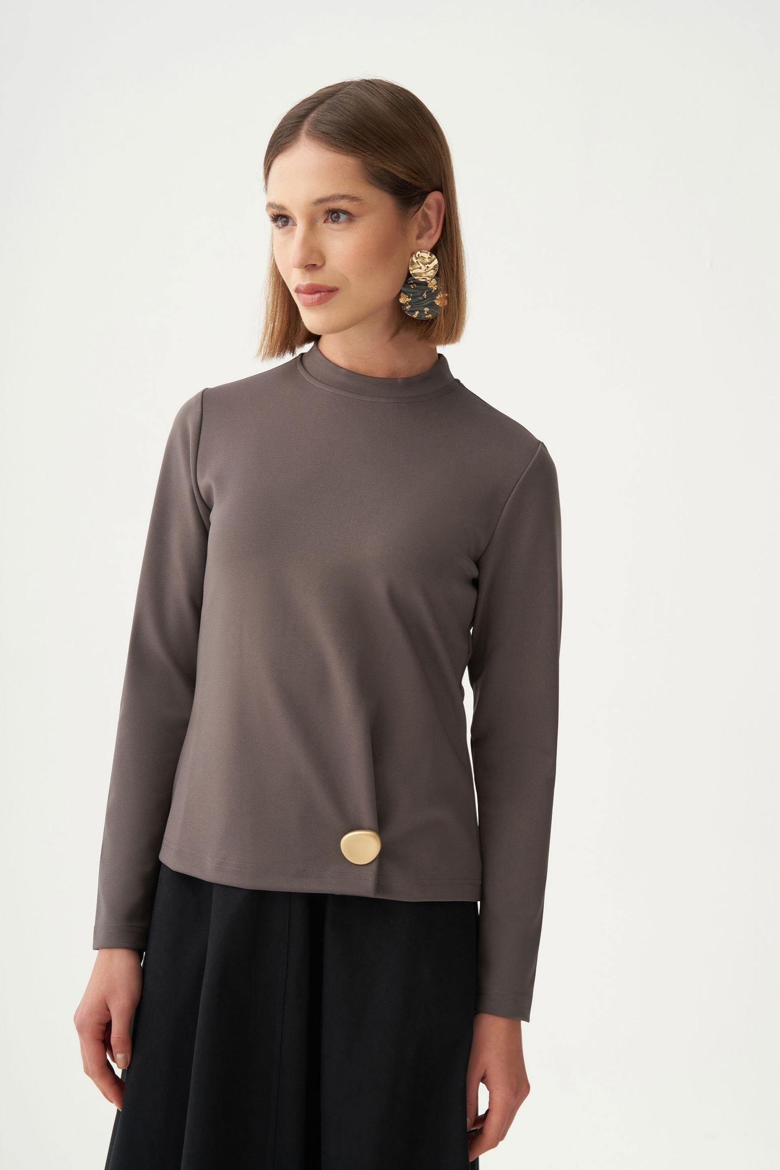 Antrasit-Gold Düğmeli Pileli Şık Bluz