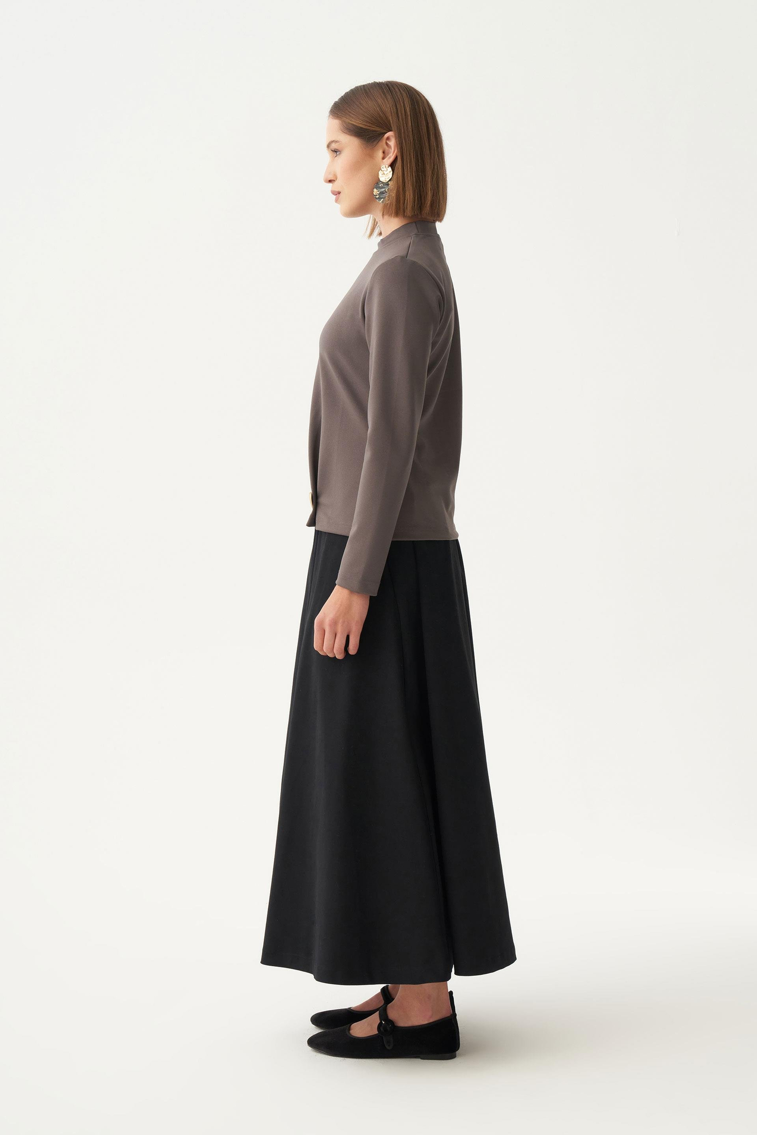 Antrasit-Gold Düğmeli Pileli Şık Bluz