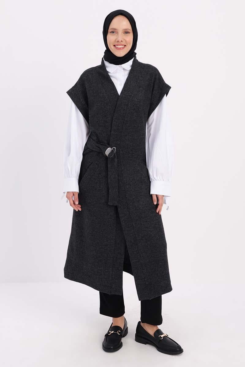 Gilet long avec poches et boucle en métal, ceinture anthracite