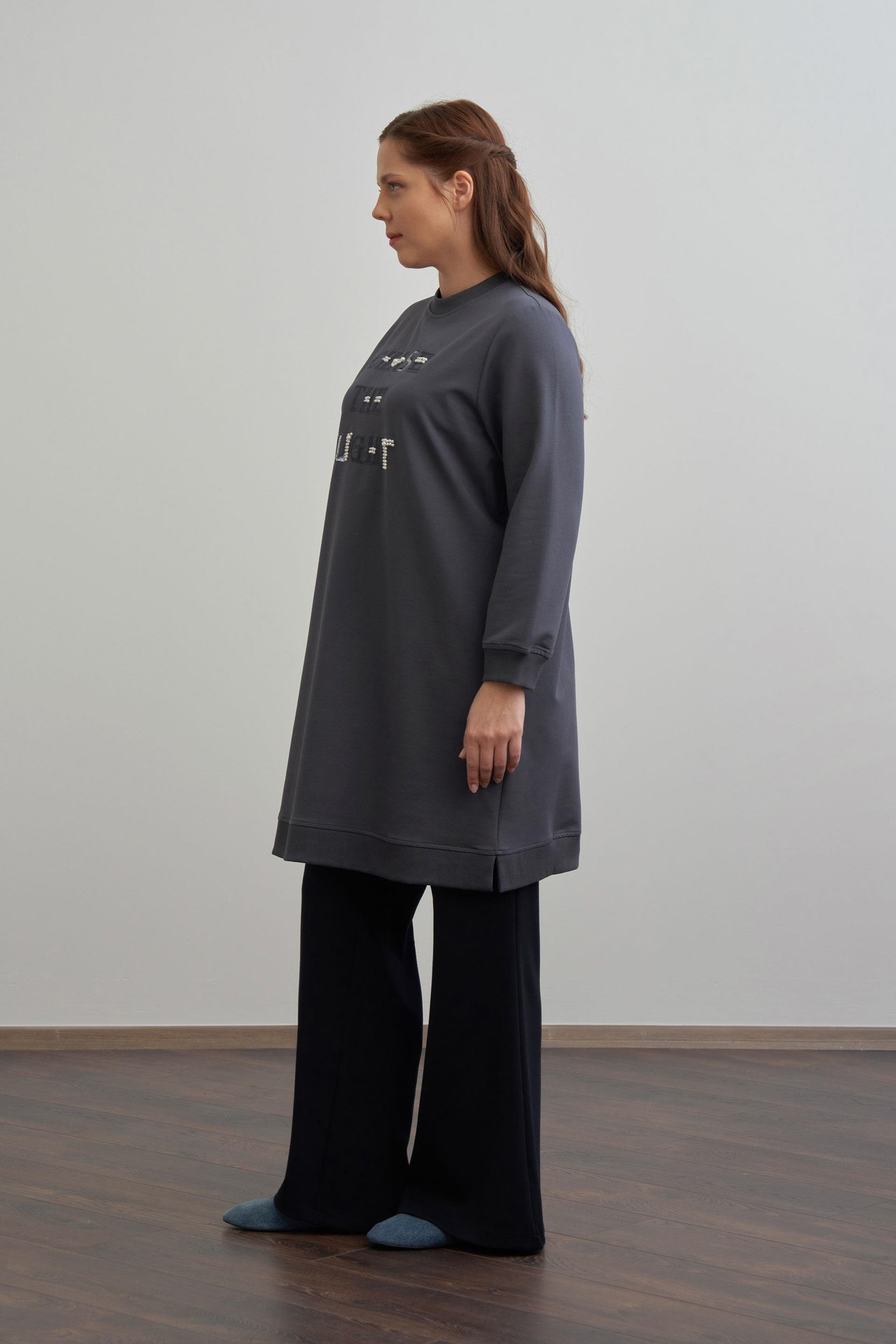 Antrasit-Nakışlı Pamuklu Tunik