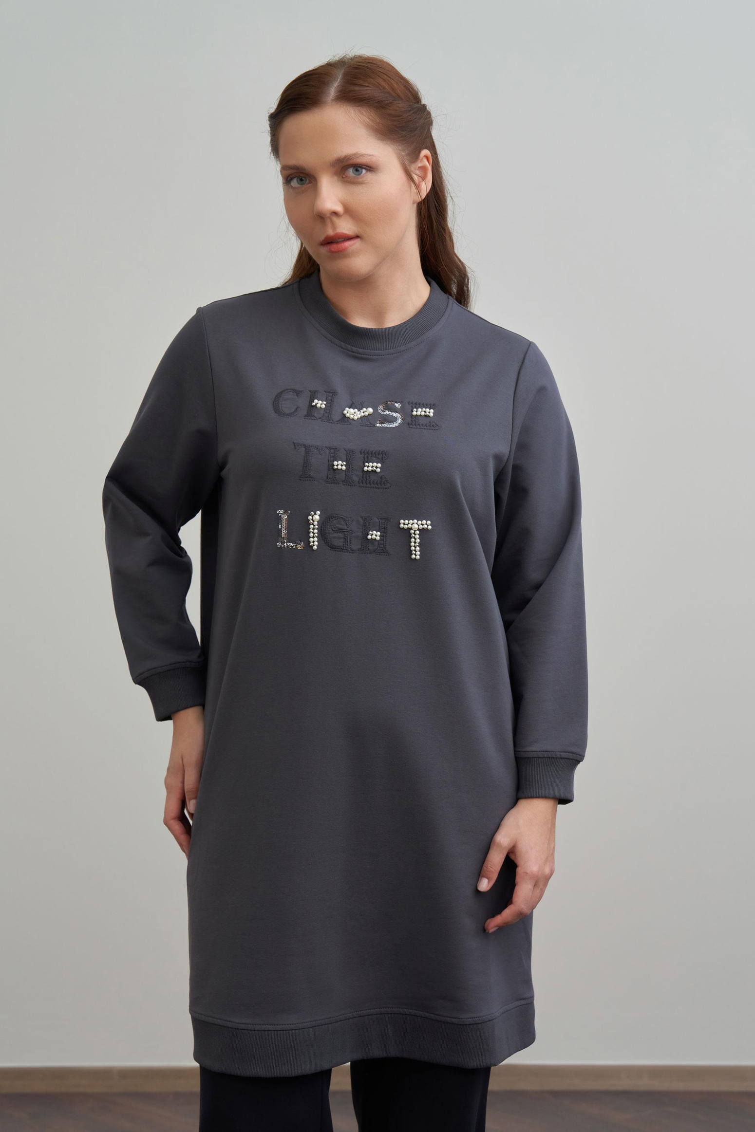 Antrasit-Nakışlı Pamuklu Tunik