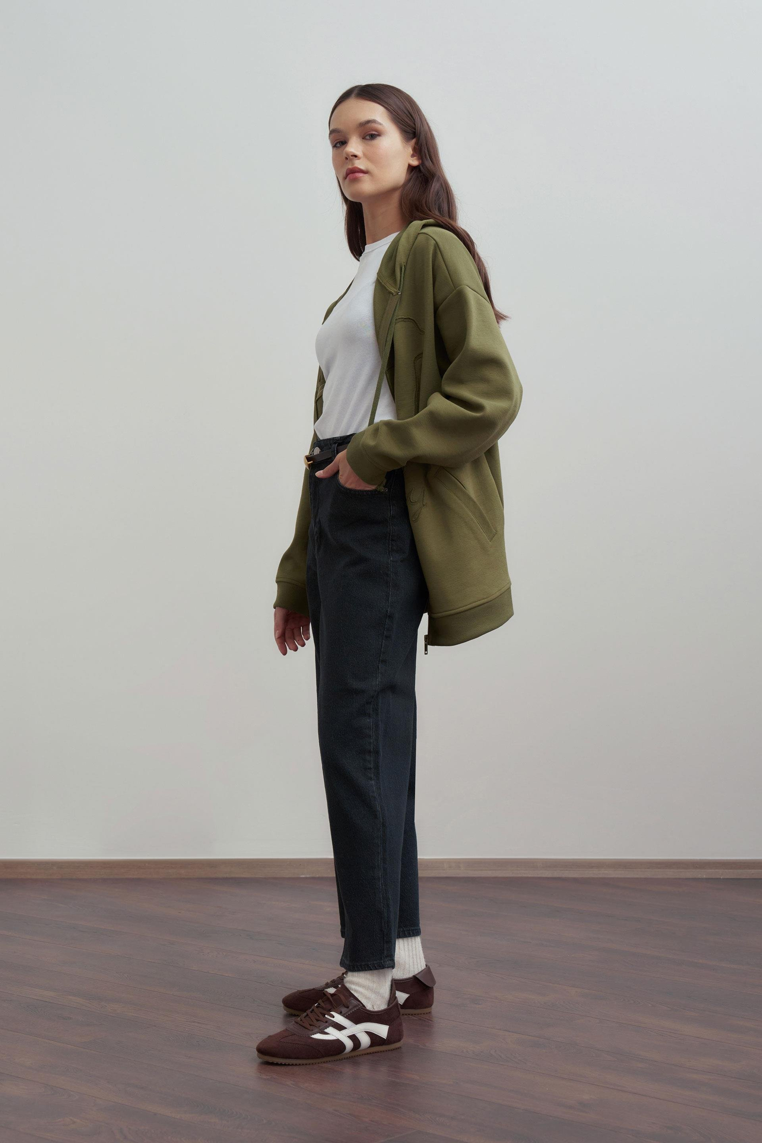 Antrasit-Yüksek Bel Mom Paça Kot Pantolon