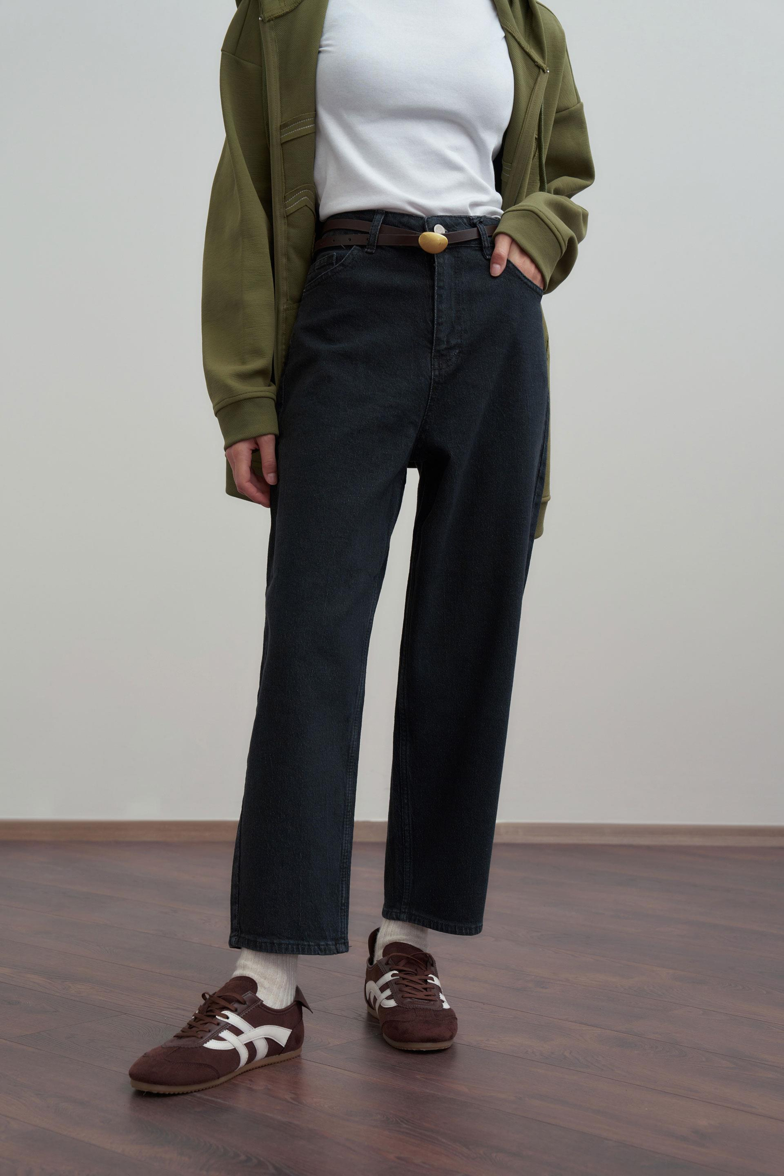 Antrasit-Yüksek Bel Mom Paça Kot Pantolon