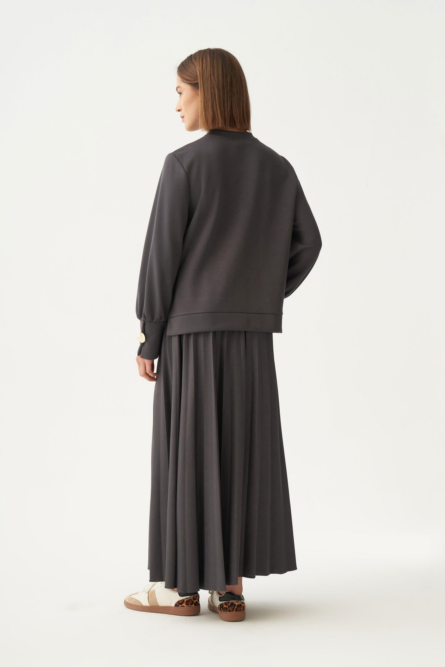 Antrasit-Yumuşak Dokulu Pliseli Şık Etekli Takım