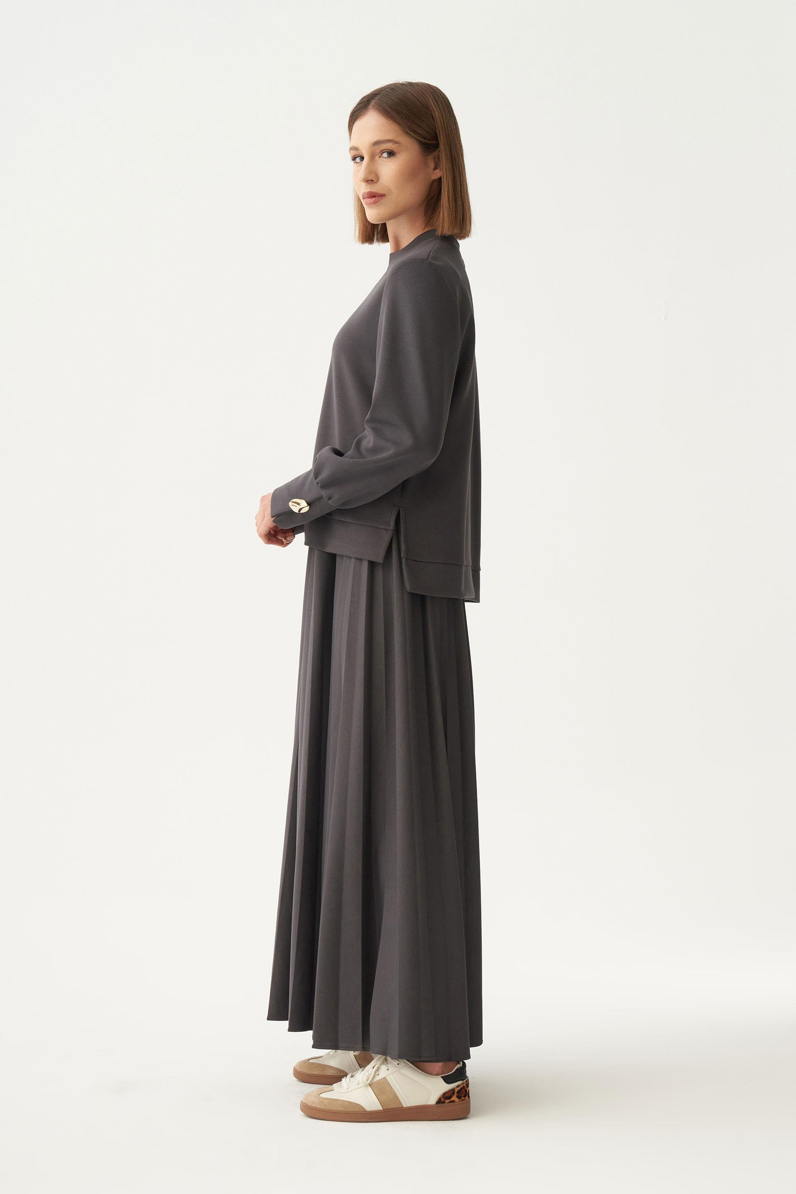 Antrasit-Yumuşak Dokulu Pliseli Şık Etekli Takım