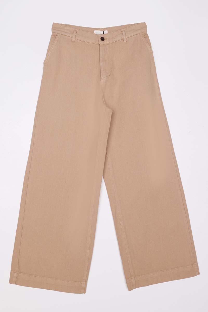 Bej-%100 Pamuklu Bol Paça Pantolon