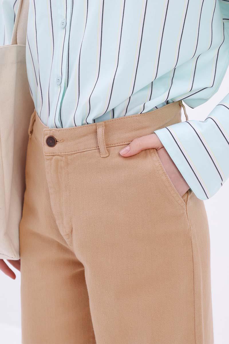 Bej-%100 Pamuklu Bol Paça Pantolon
