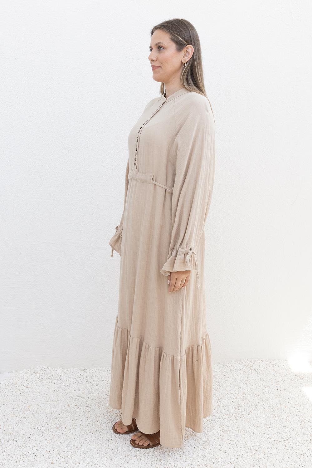 Beige-Waist Tied Belt Loop Dress