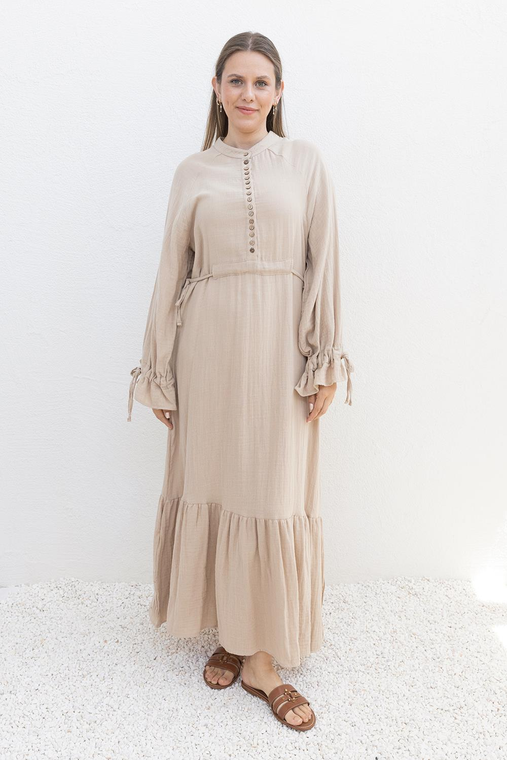 Beige-Waist Tied Belt Loop Dress