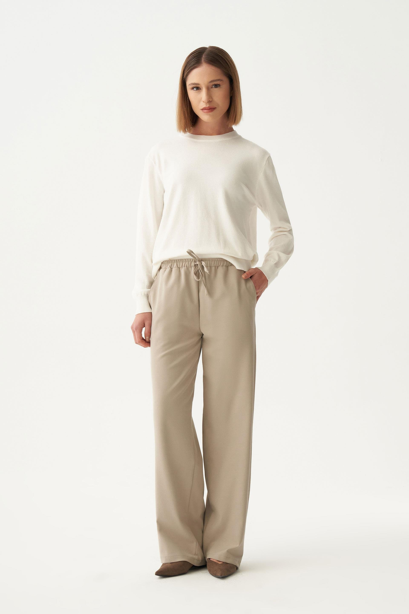 Bej-Beli Lastikli Rahat Kalıp Polyviscon Pantolon