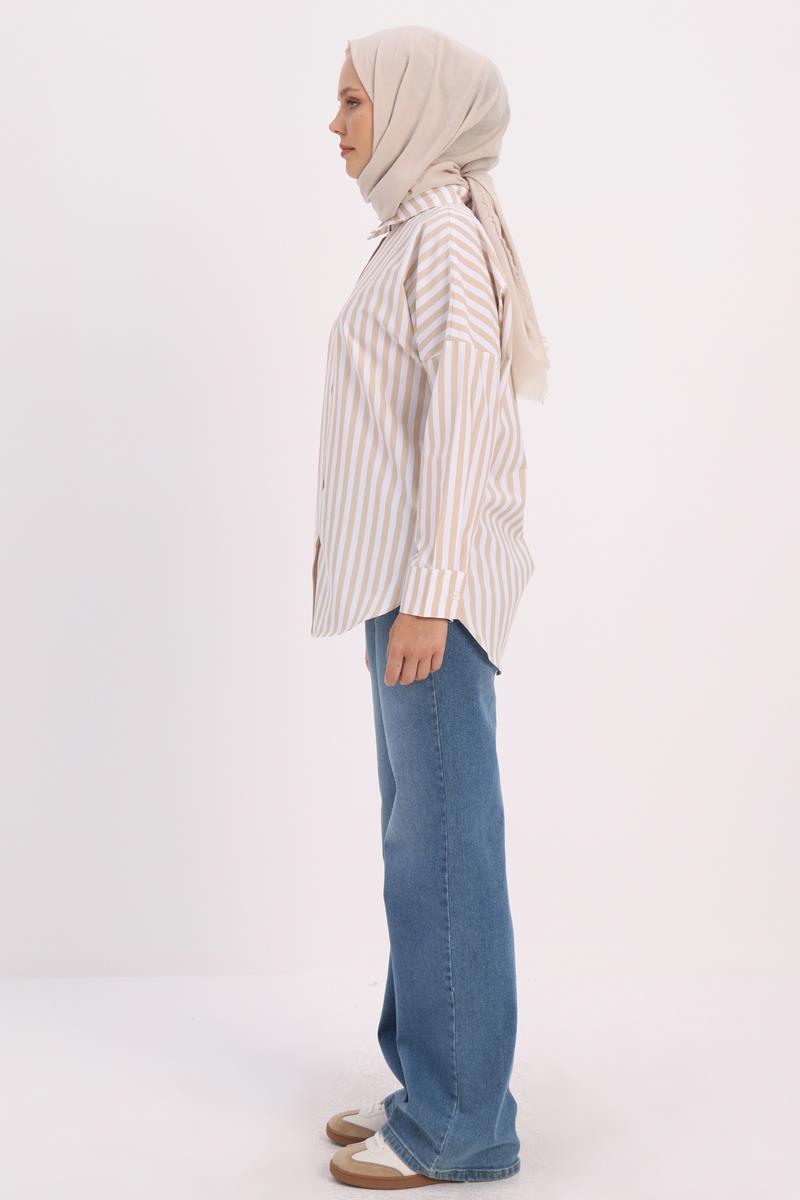 Beige-White-Oversize Basic Shirt
