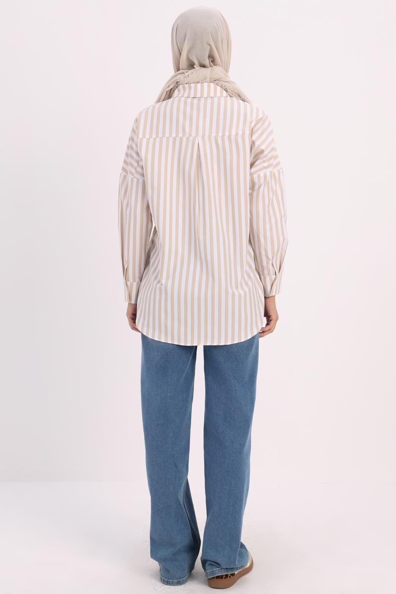 Beige-White-Oversize Basic Shirt