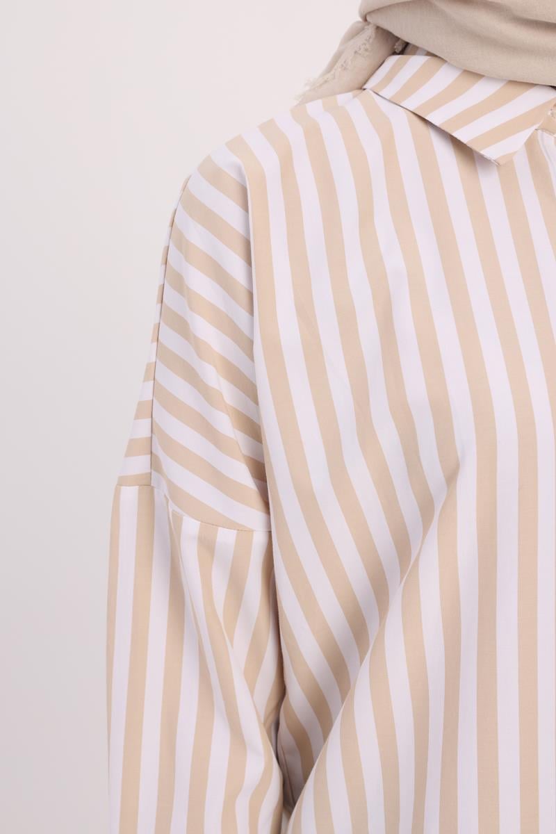 Beige-White-Oversize Basic Shirt