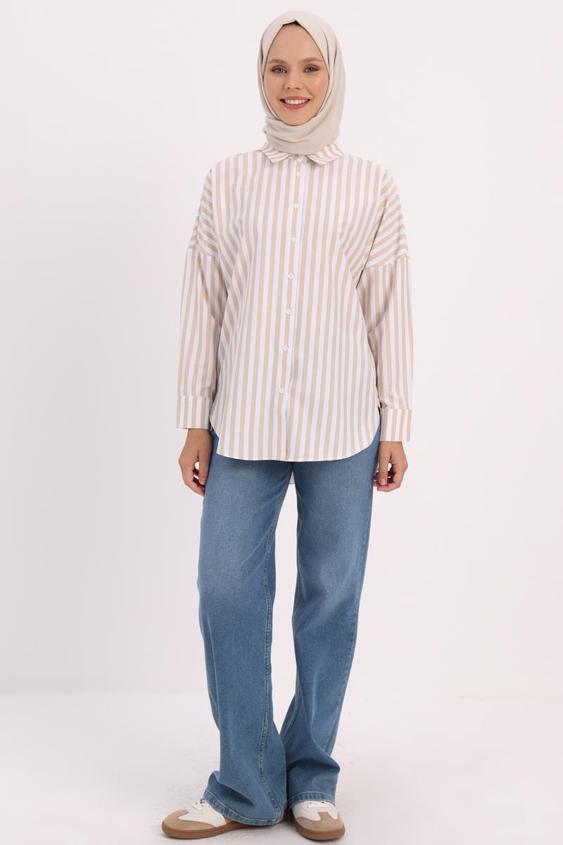 Beige-White-Oversize Basic Shirt