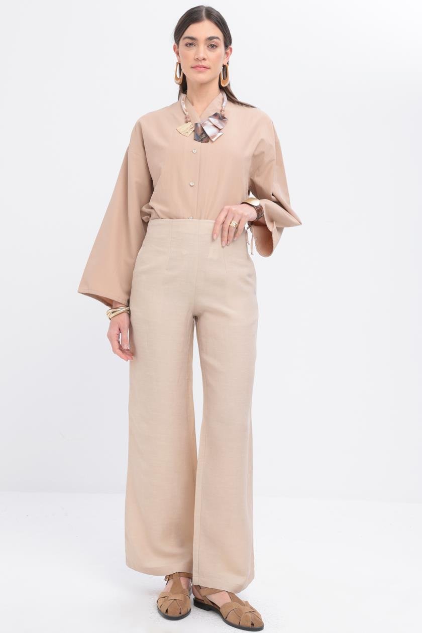 Bej-Bol Paça Keten Pantolon