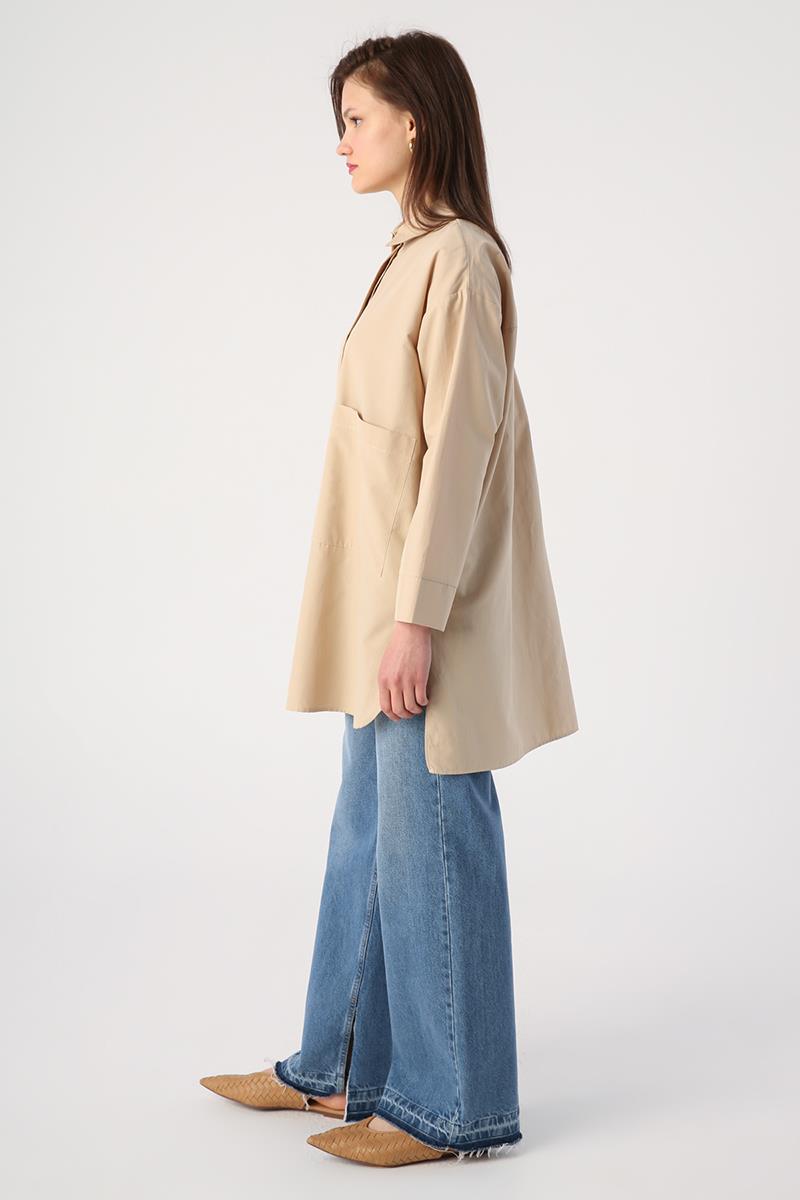 Bej-Büyük Cepli Kuşgözlü Oversize Gömlek