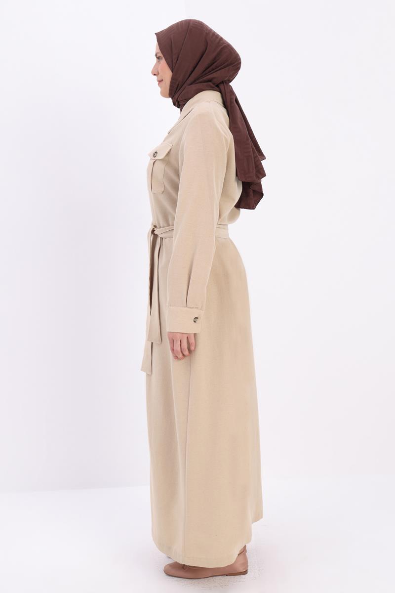 Beige-Pocket Belted Abaya