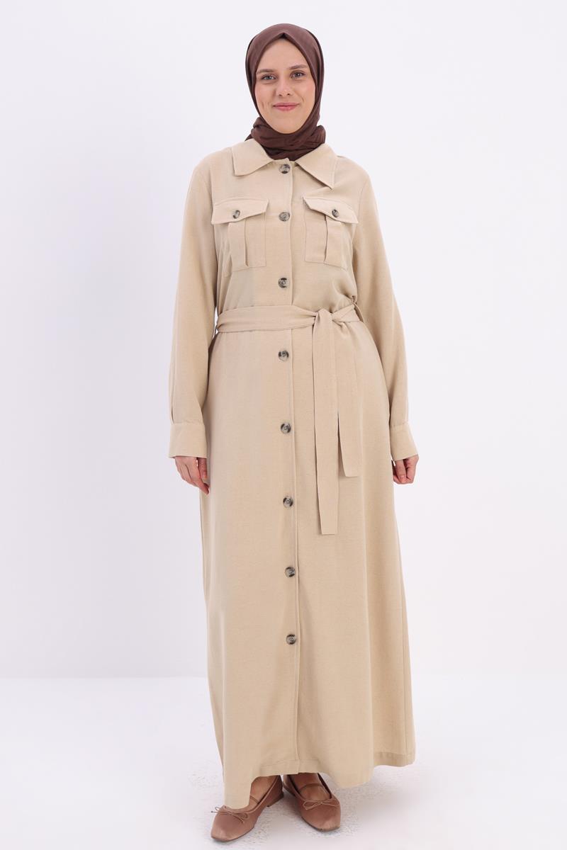Beige-Pocket Belted Abaya