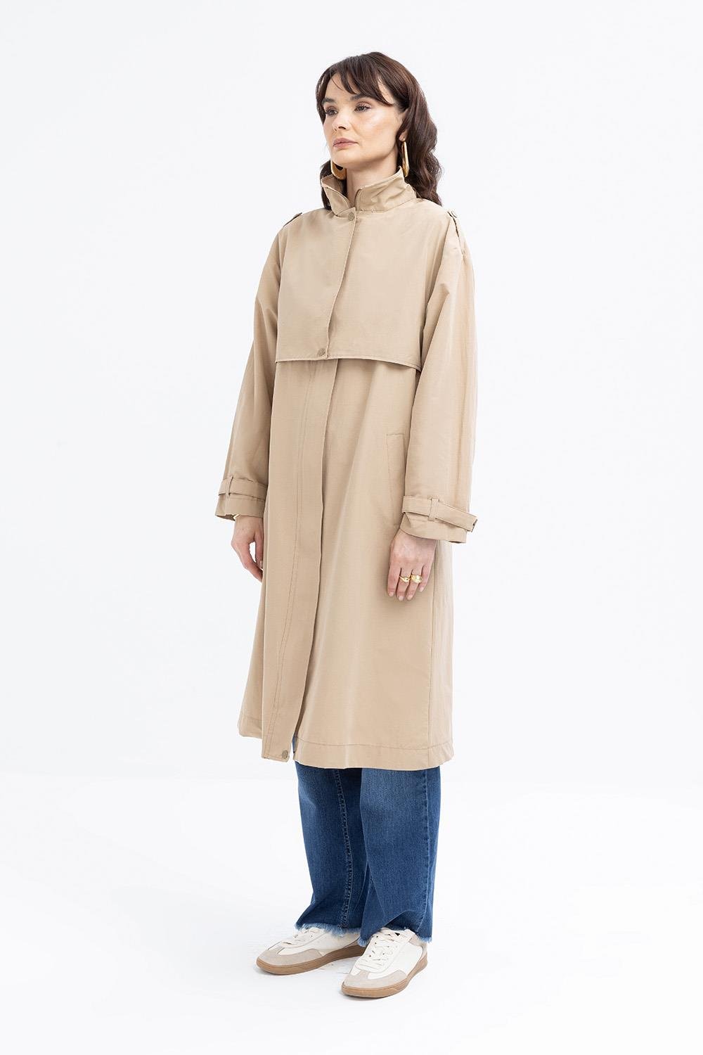 Bej-Cepli Rüzgarlıklı Trençkot