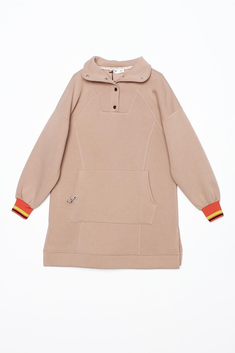 Bej-Çıtçıt Yakalı Ribana Detaylı Şardonlu Sweat Tunik