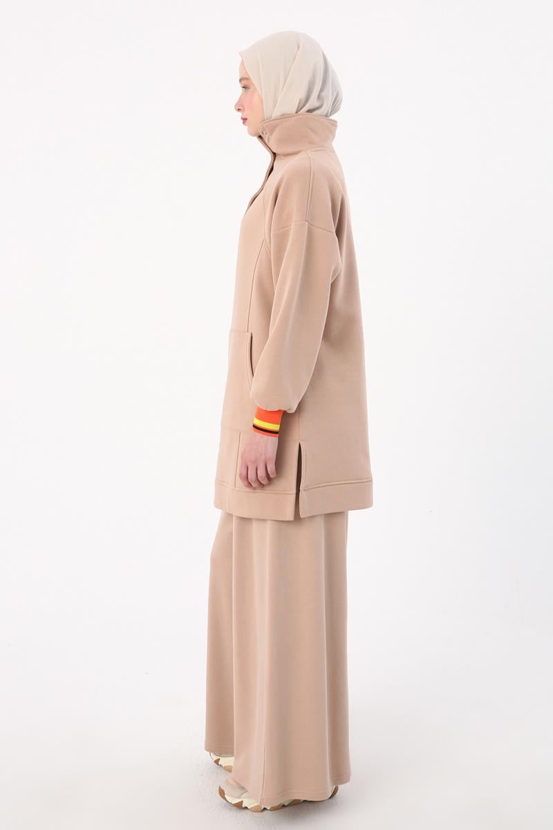 Bej-Çıtçıt Yakalı Ribana Detaylı Şardonlu Sweat Tunik