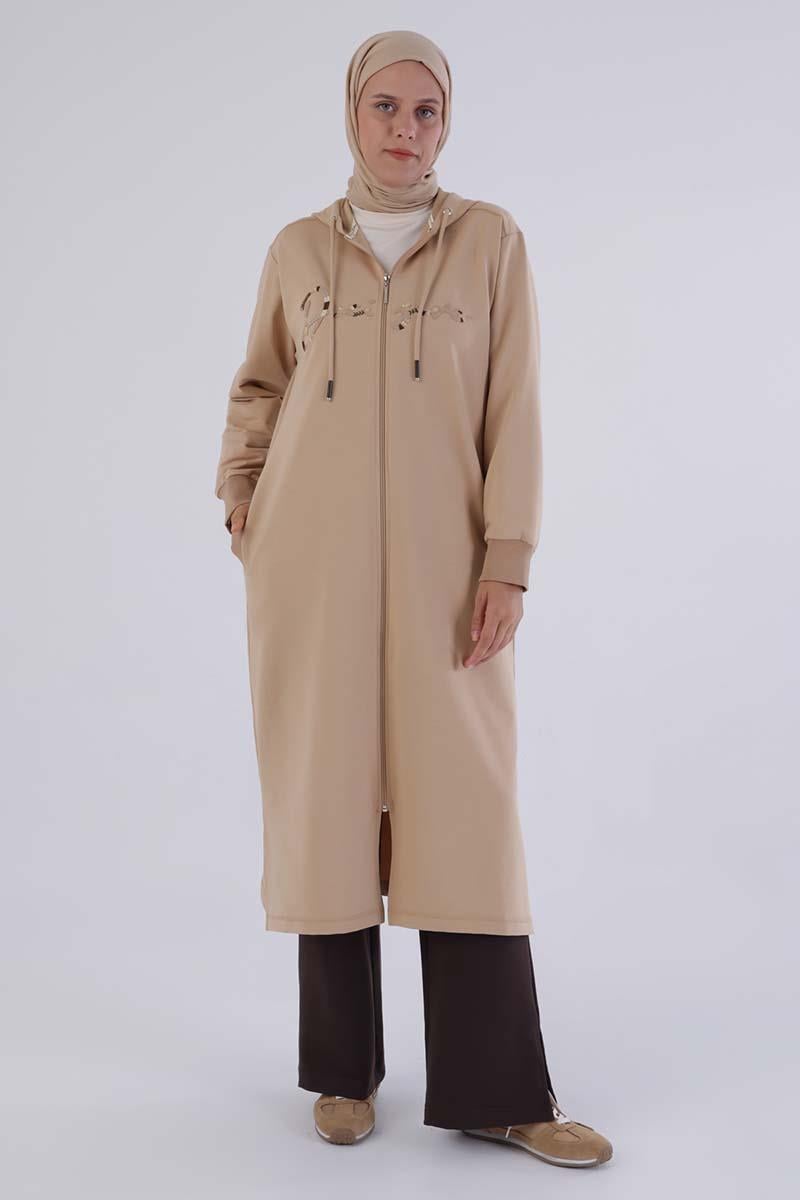 Bej-Decigive Nakışlı Sweat Hırka