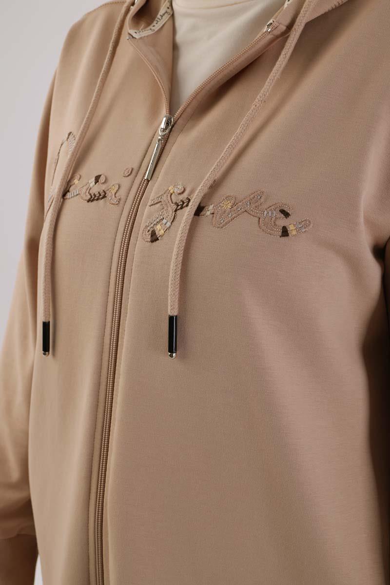 Bej-Decigive Nakışlı Sweat Hırka