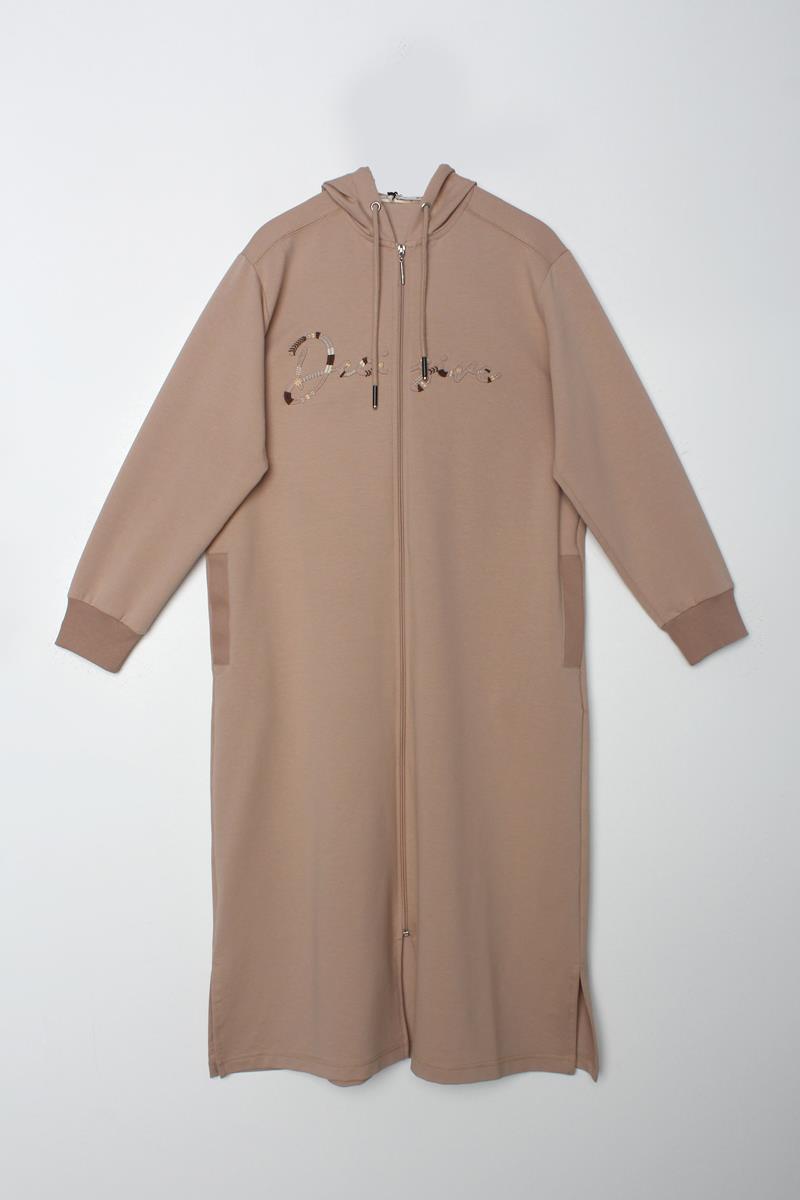 Bej-Decigive Nakışlı Sweat Hırka