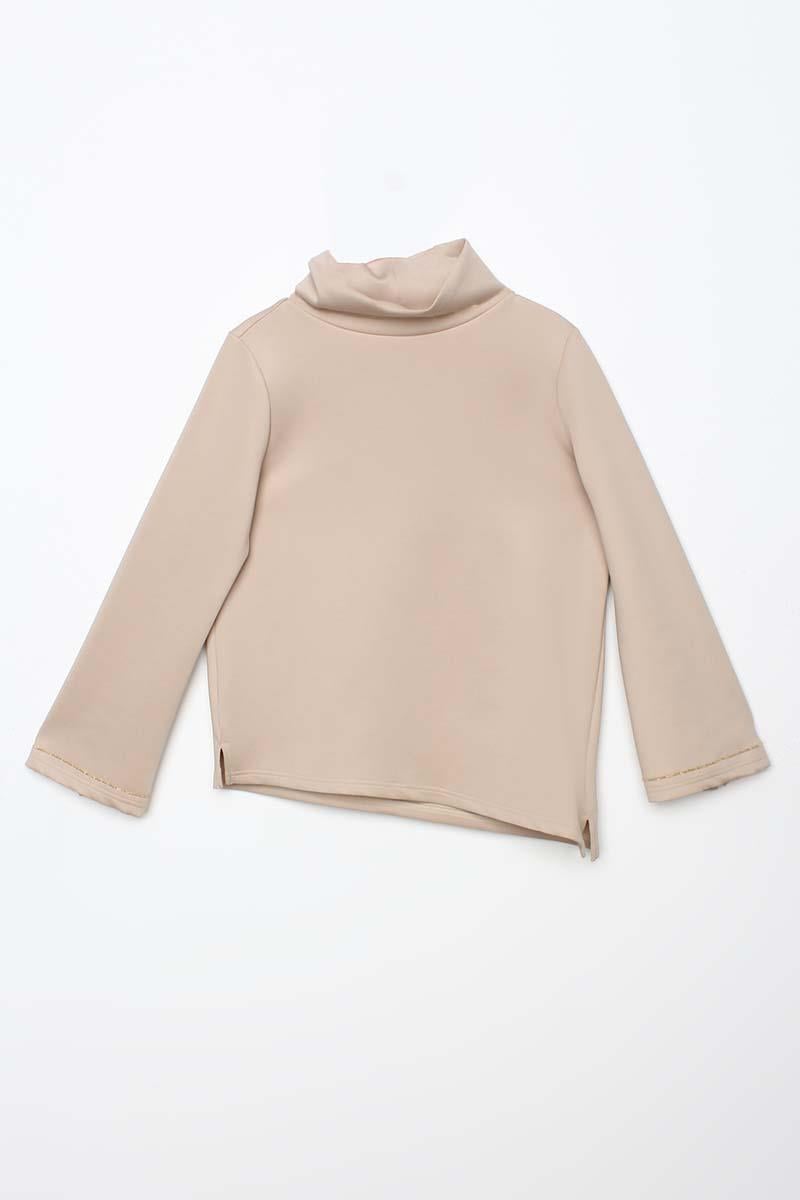 Beige-High Collar Slit Scuba Blouse