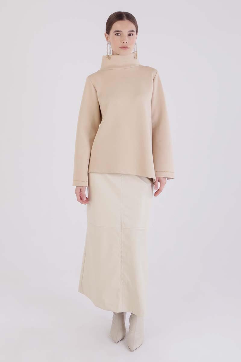 Beige-High Collar Slit Scuba Blouse