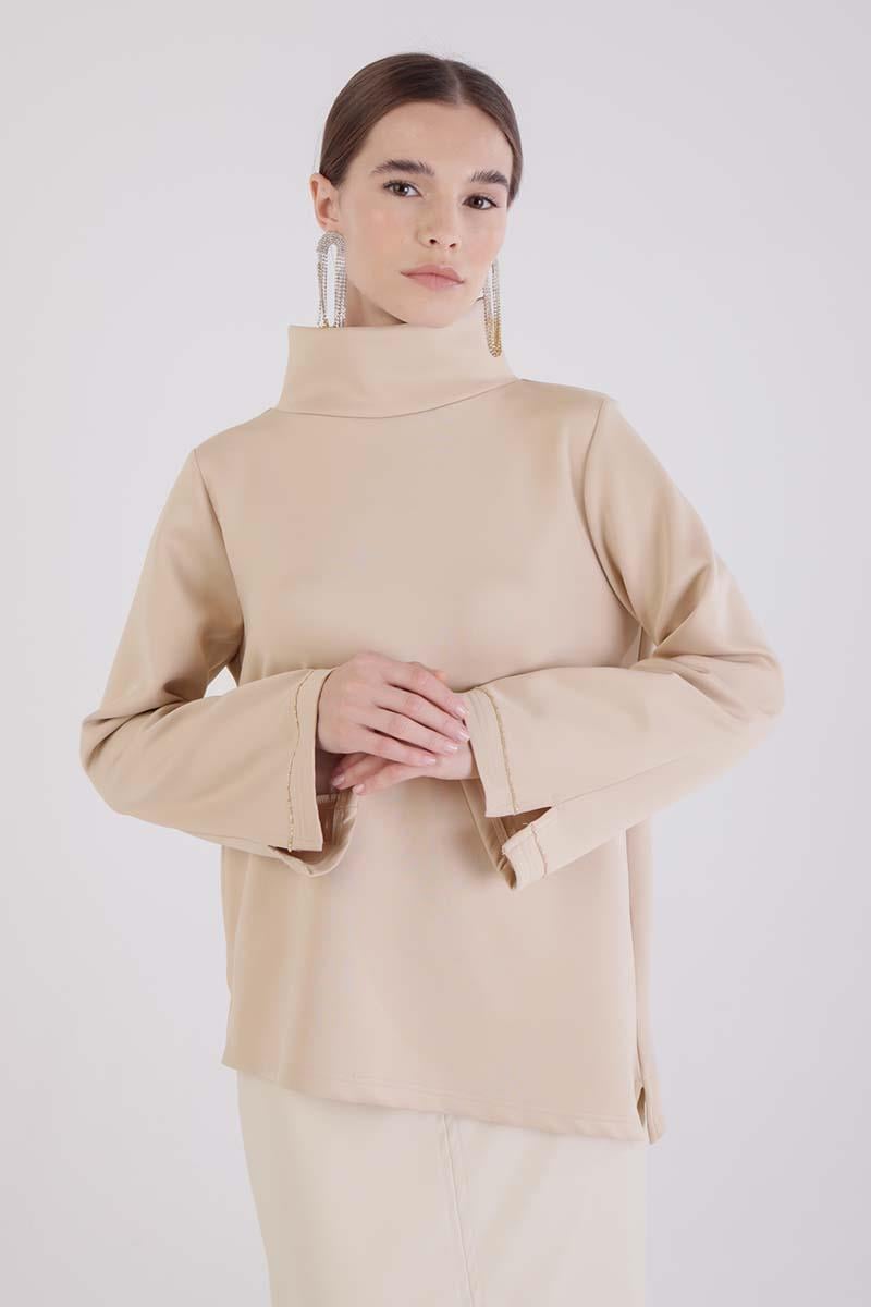 Beige-High Collar Slit Scuba Blouse