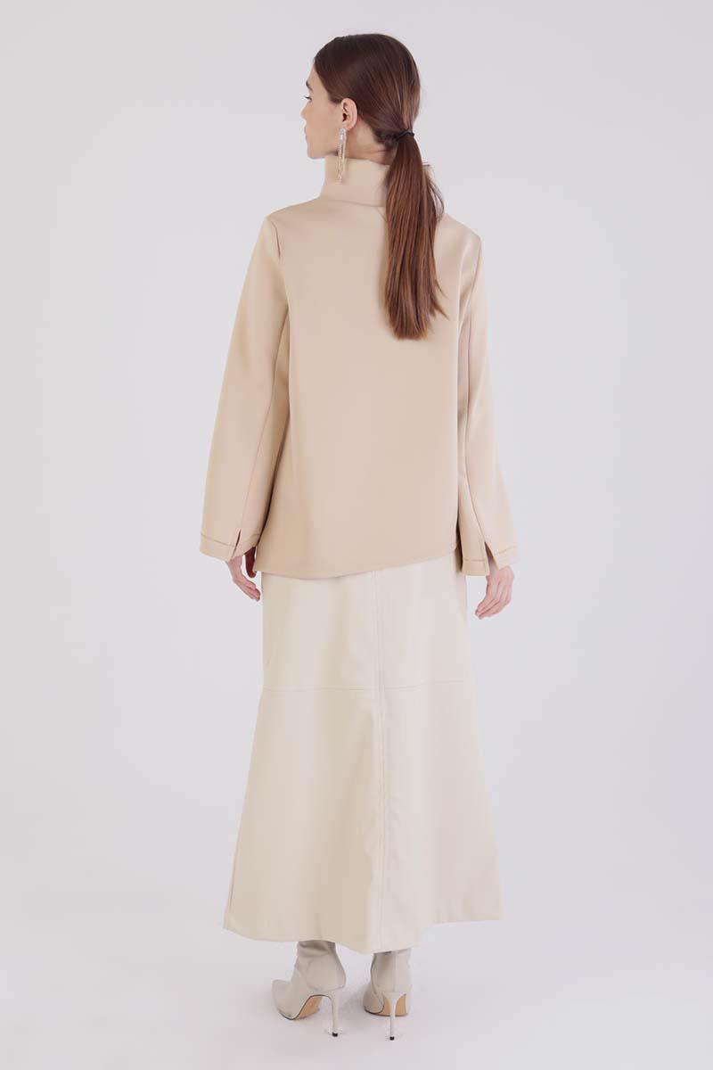 Beige-High Collar Slit Scuba Blouse