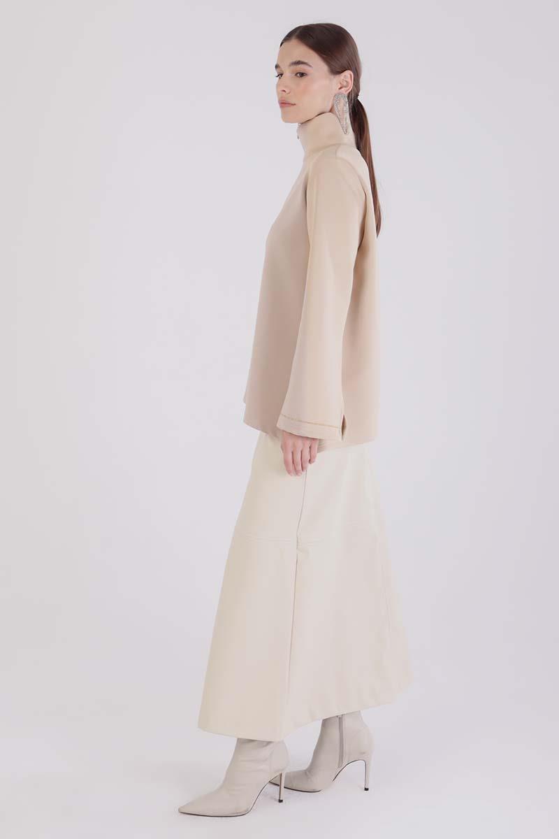 Beige-High Collar Slit Scuba Blouse