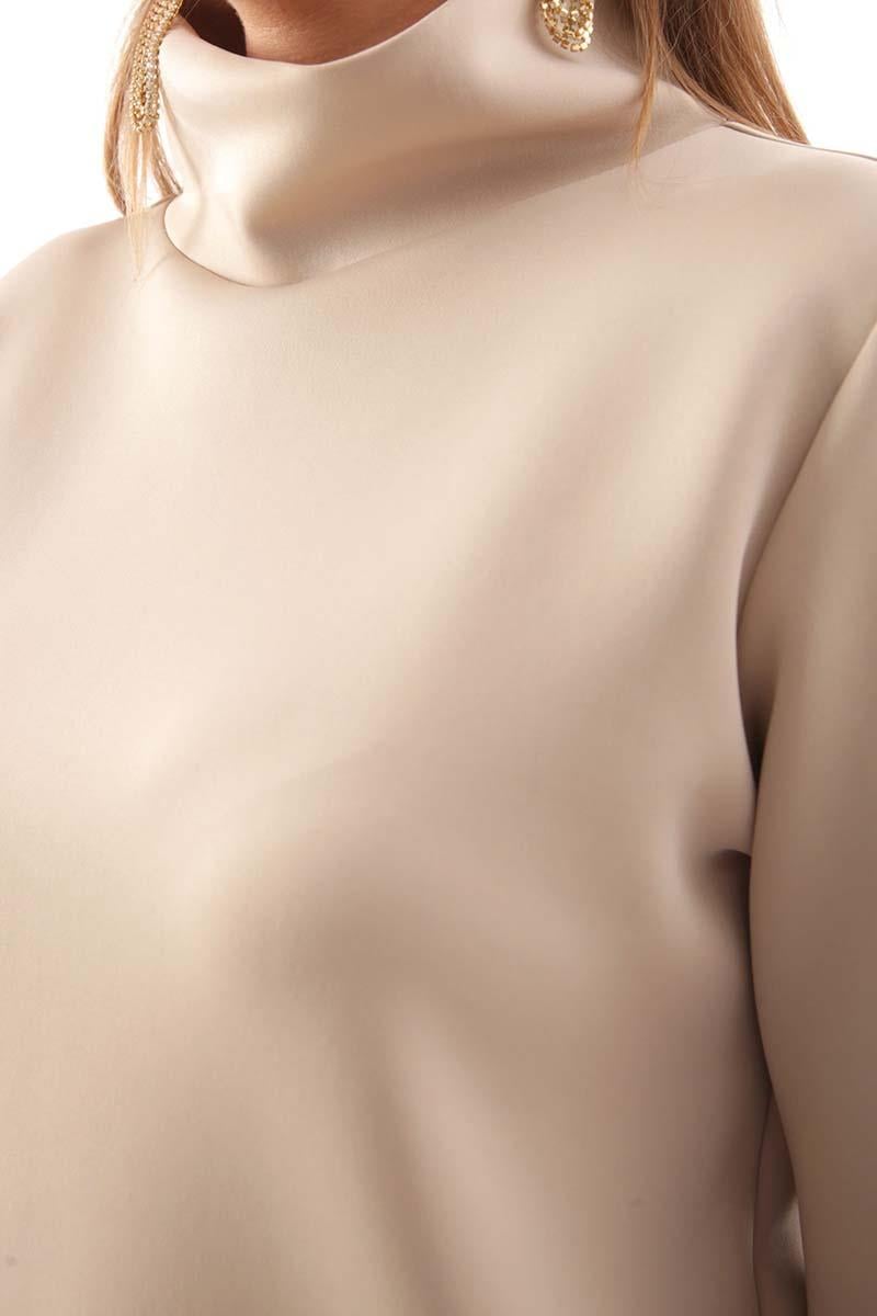 Beige-High Collar Slit Scuba Blouse