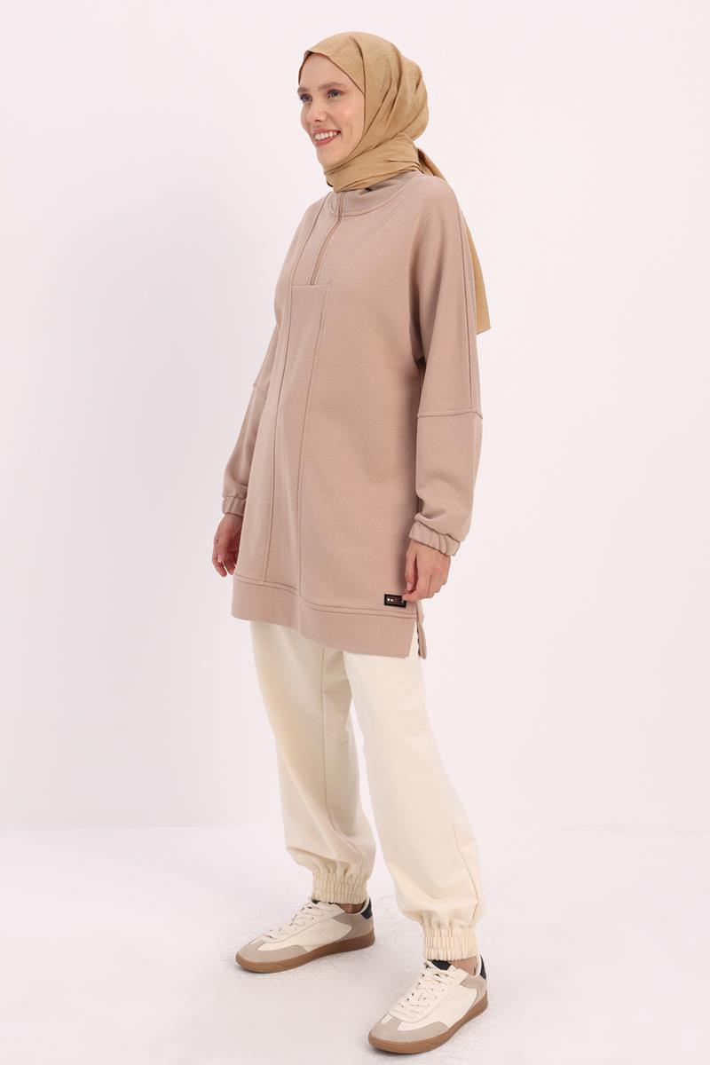 Bej-DİK YAKALI FERMUARLI SWEAT TUNİK