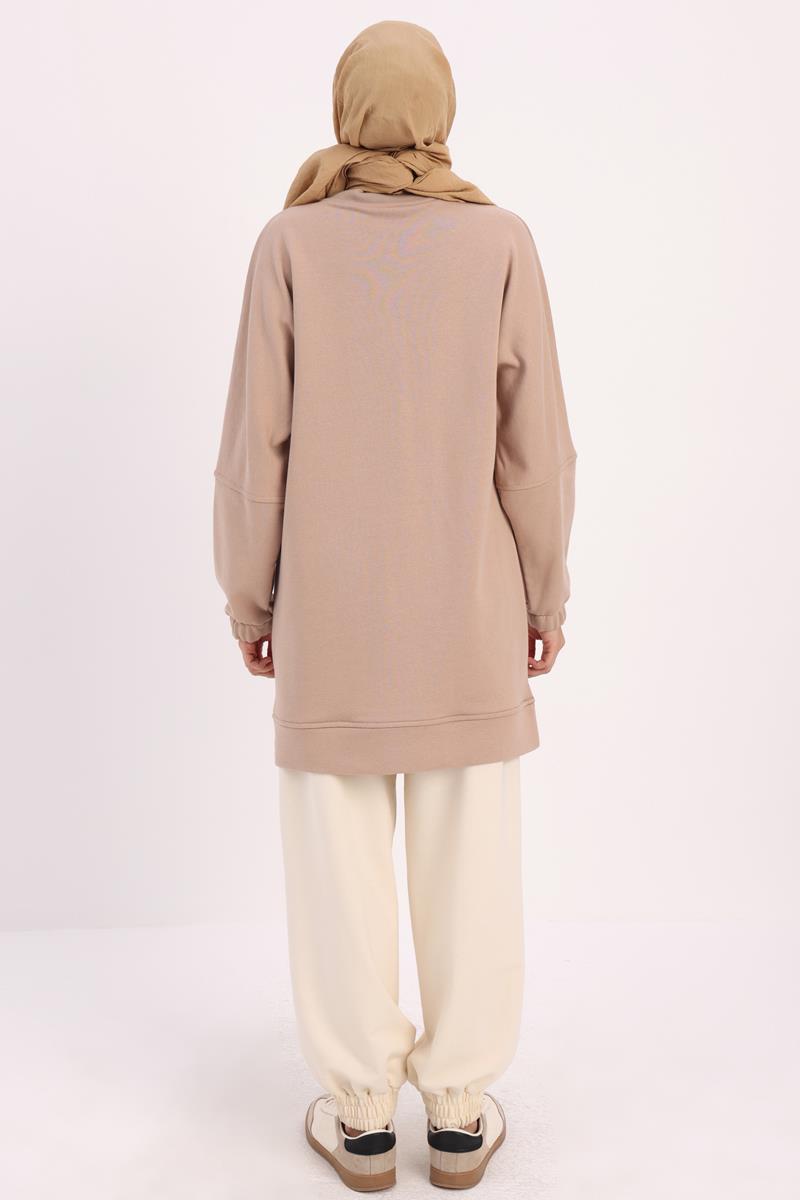 Bej-DİK YAKALI FERMUARLI SWEAT TUNİK