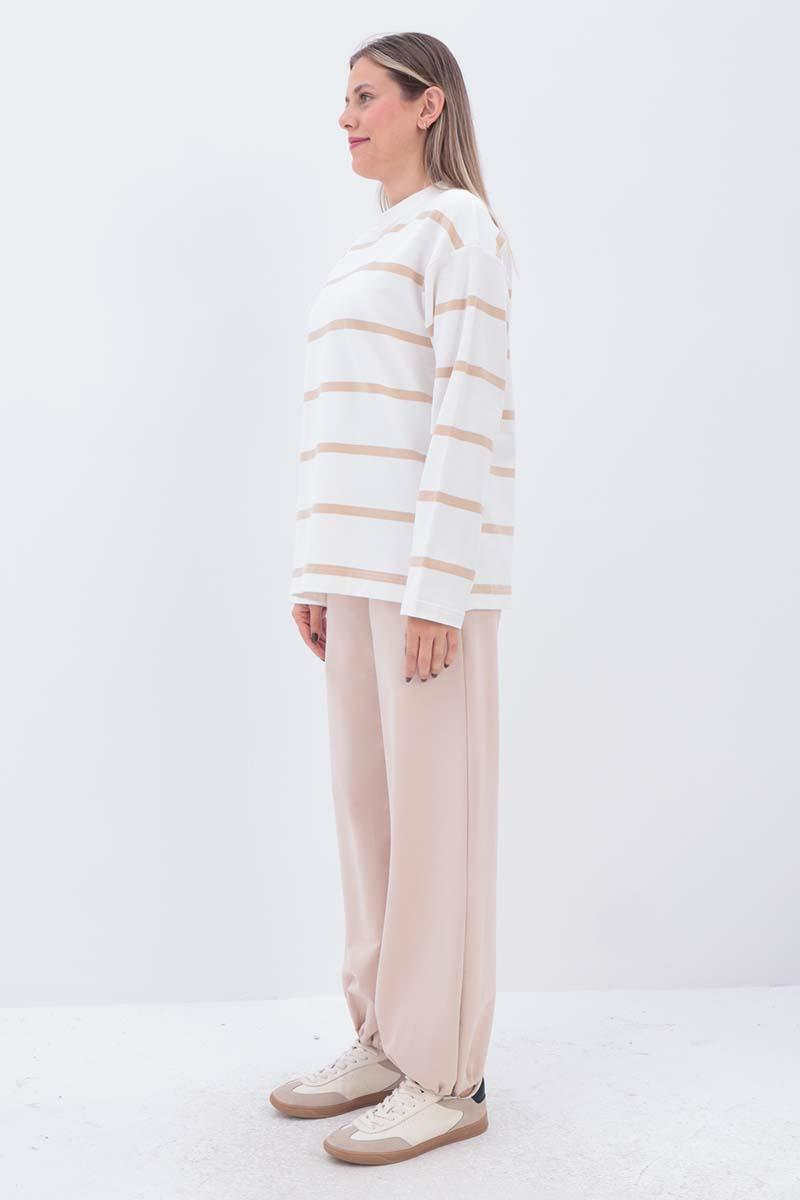 Beige-Ecru-Striped Sweatshirt