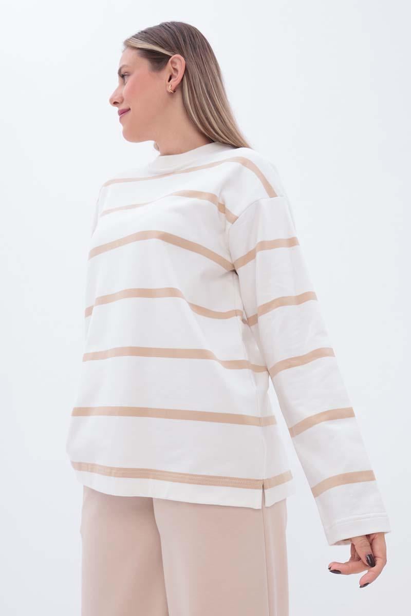 Beige-Ecru-Striped Sweatshirt