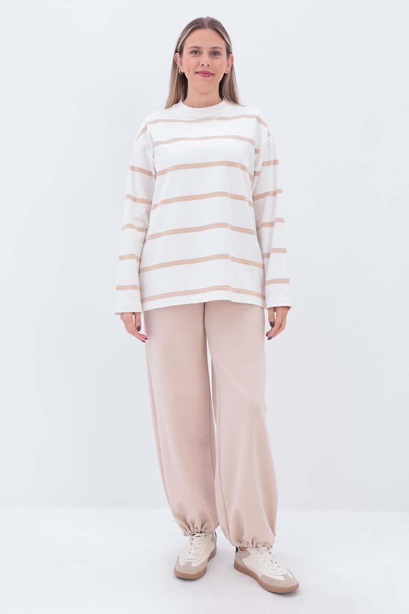 Beige-Ecru-Striped Sweatshirt