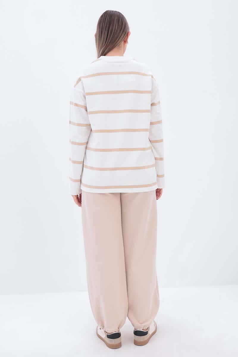 Beige-Ecru-Striped Sweatshirt
