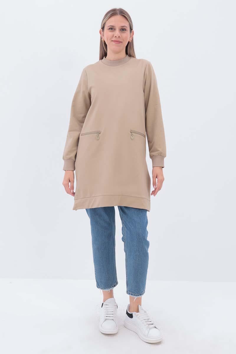 Bej-FERMUAR CEPLİ YIRTMAÇLI SWEAT TUNİK