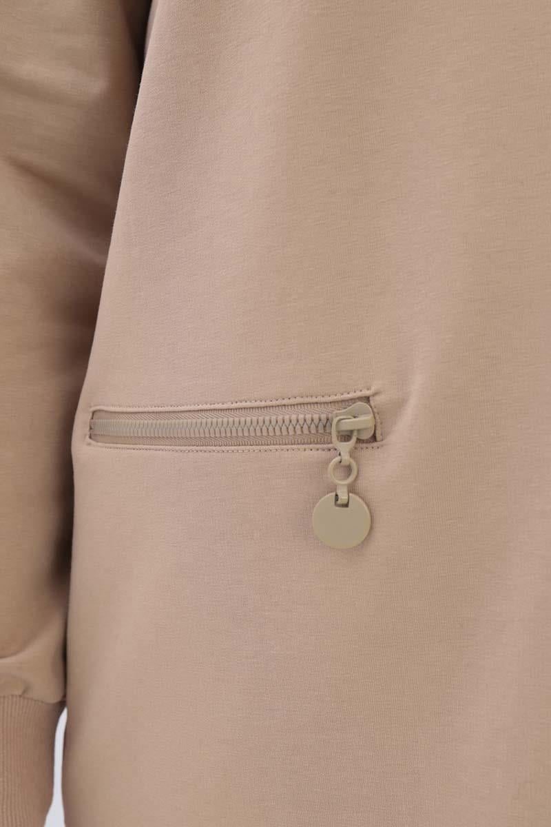 Bej-FERMUAR CEPLİ YIRTMAÇLI SWEAT TUNİK