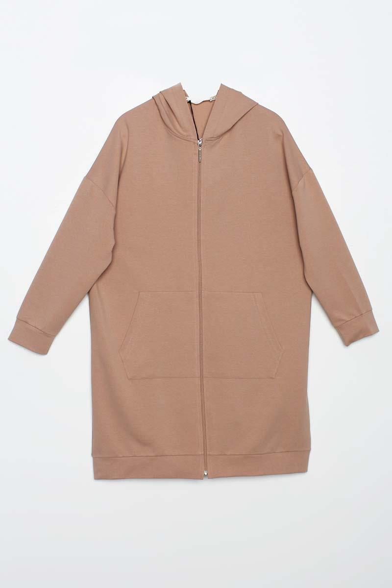 Bej-Fermuarlı Sweat Hırka