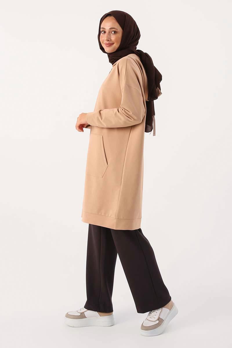Bej-Fermuarlı Sweat Hırka