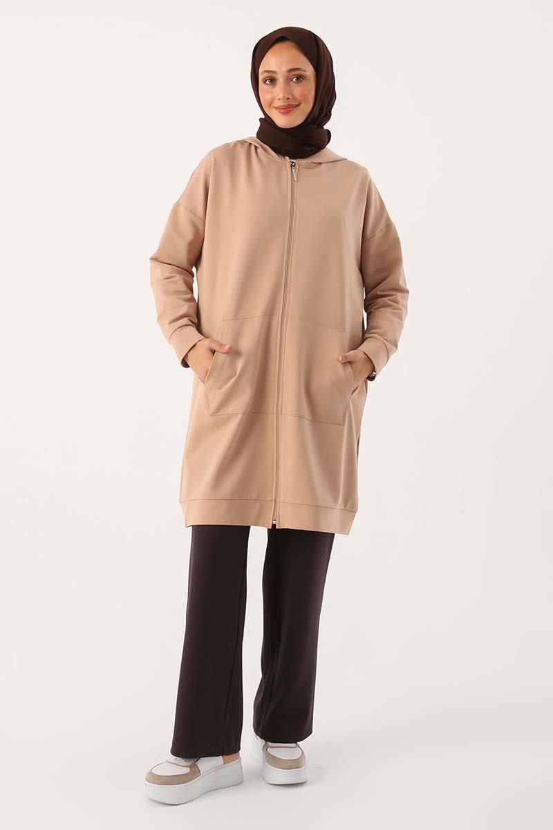 Bej-Fermuarlı Sweat Hırka