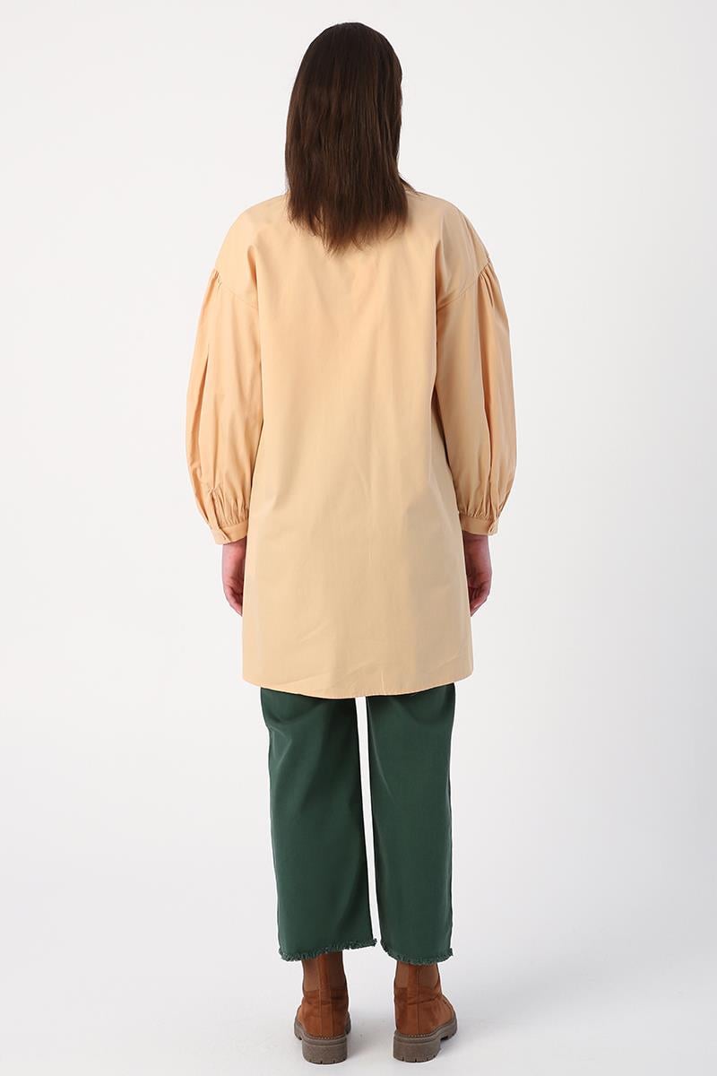 Beige-Shirt Collar Oversize Tunic with Gather Detail