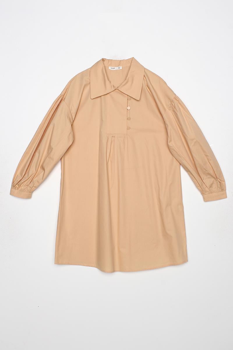 Beige-Shirt Collar Oversize Tunic with Gather Detail